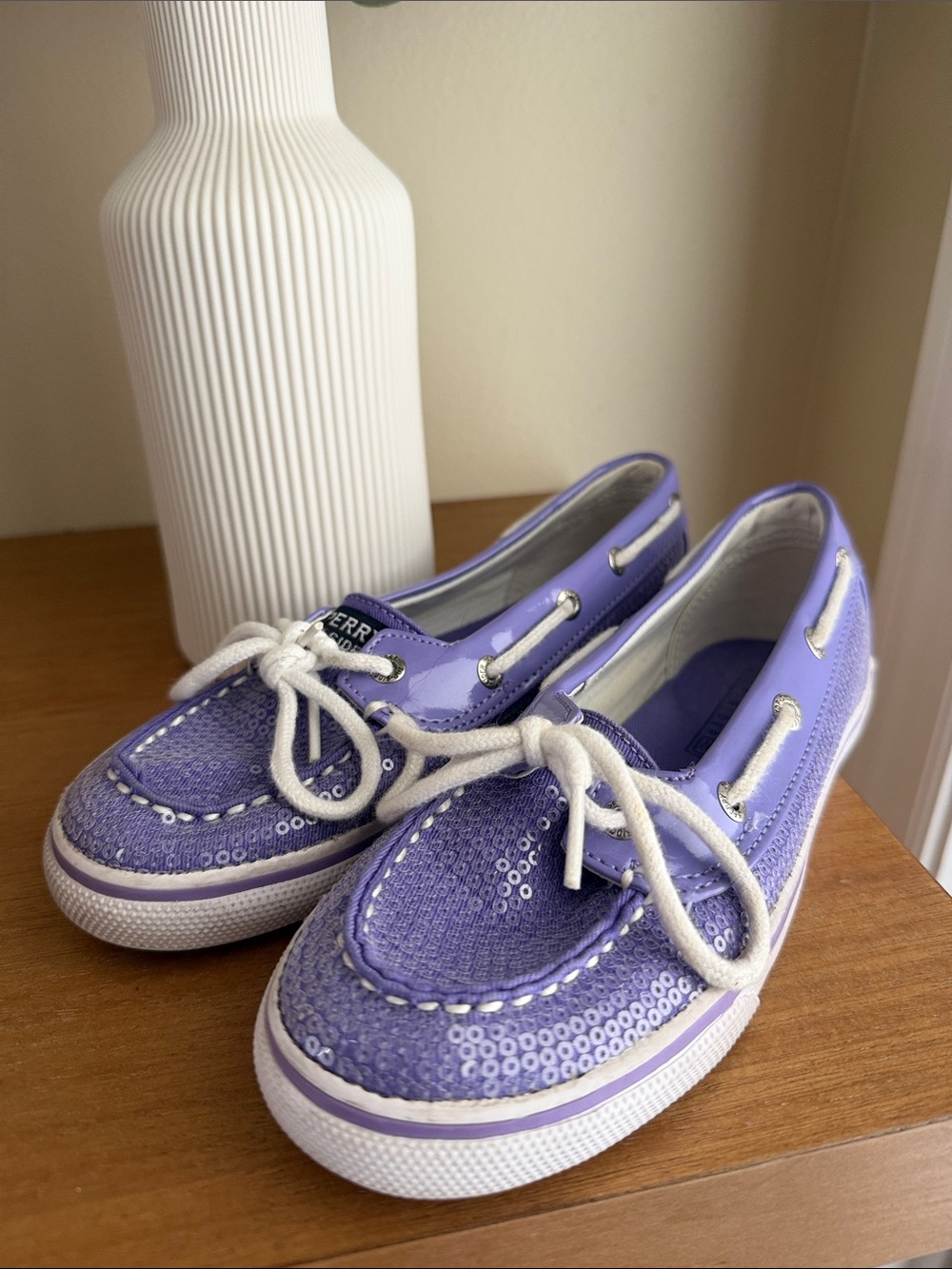 Sperry Purple Sequin Boat Shoes with White Laces